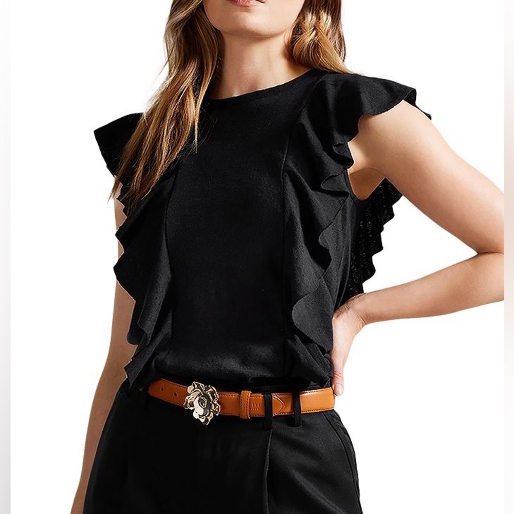 Ted Baker Kathley black linen/cotton ruffled sleeveless top